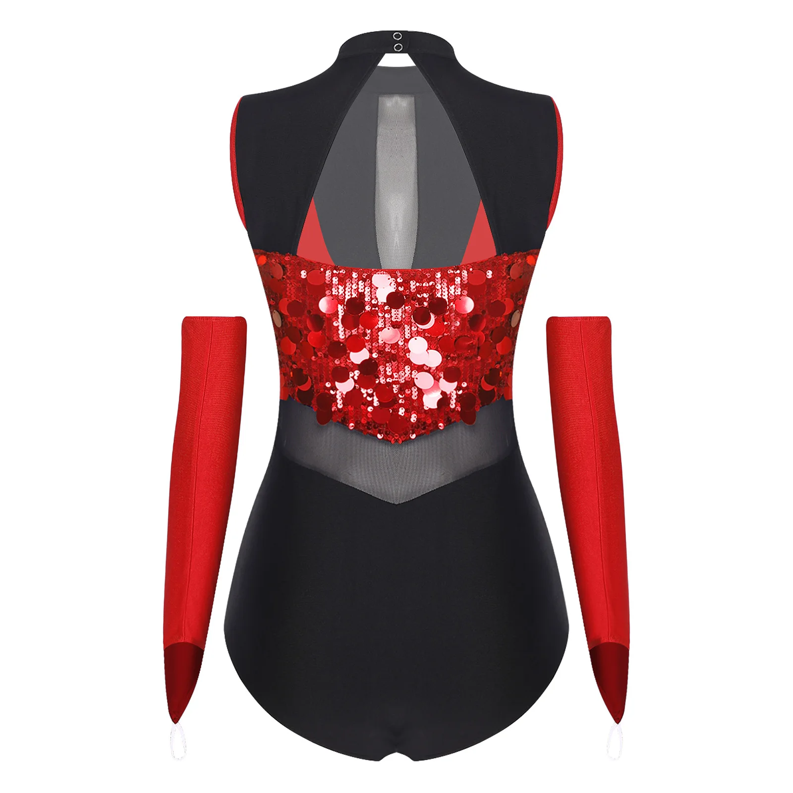 Women Shiny Sequin Figure Skating Gymnastics Leotard Sleeveless Sheer Mesh Bodysuit with Gloves Latin Jazz Dance Cha-cha Costume image 3