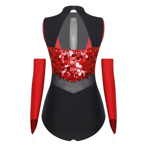 Imagen 2 del producto Leotardo de baile latino de Tango con lentejuelas brillantes para mujer, mono de gimnasia de malla transparente sin mangas con cuello simulado para salón de baile, baile latino de Jazz