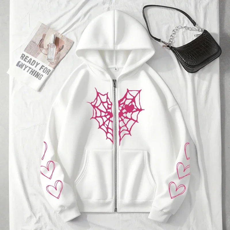 Damska bluza z kapturem na zamek, z nadrukiem serca z pajęczyny, miejska, codzienna moda, płaszcz z kapturem, jesień-zima 2025, urocza, luźna kurtka.