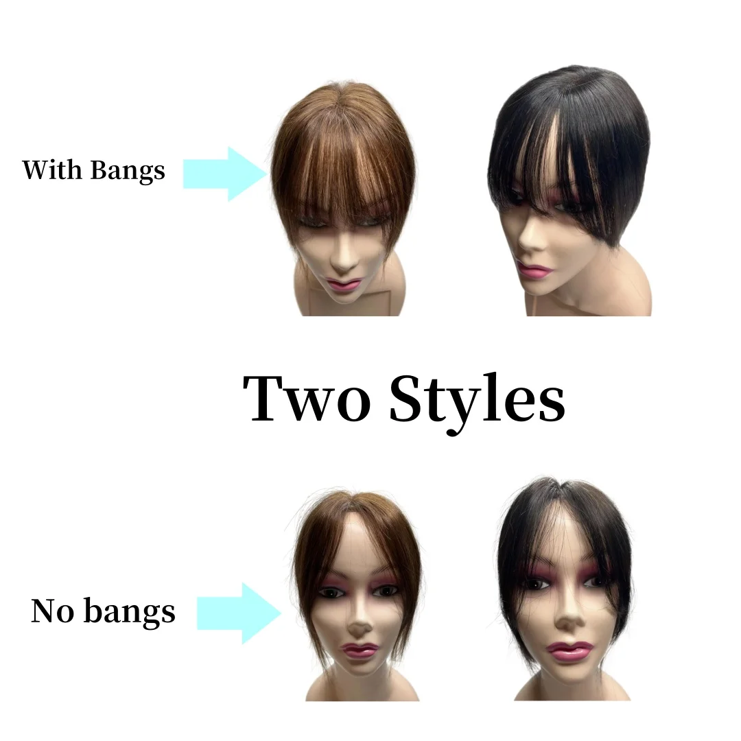 Topper Rambut Asli Swiss Lace yang Bernapas untuk Wanita, Warna Cokelat Tua dengan Poni, Topper Garis Rambut dengan Klip untuk Menutupi Rambut Menipis