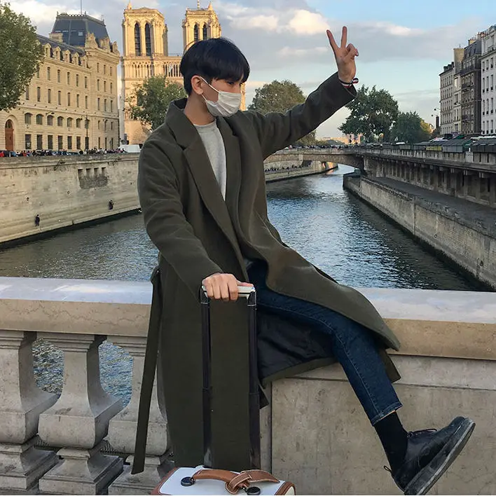 Casaco Masculino de Lã sso para Inverno, Longo, Acima do Joelho, Estilo Coreano Moderno, Sobretudo Masculino de Criment...