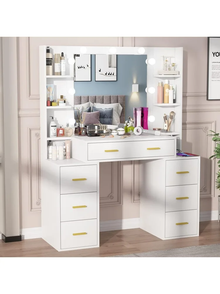 Vanity Set with Lighted Mirror, 43'' Makeup Vanity with Charging Station, Vanity Desk with 9PCS LED Bulb, Storage Shelv