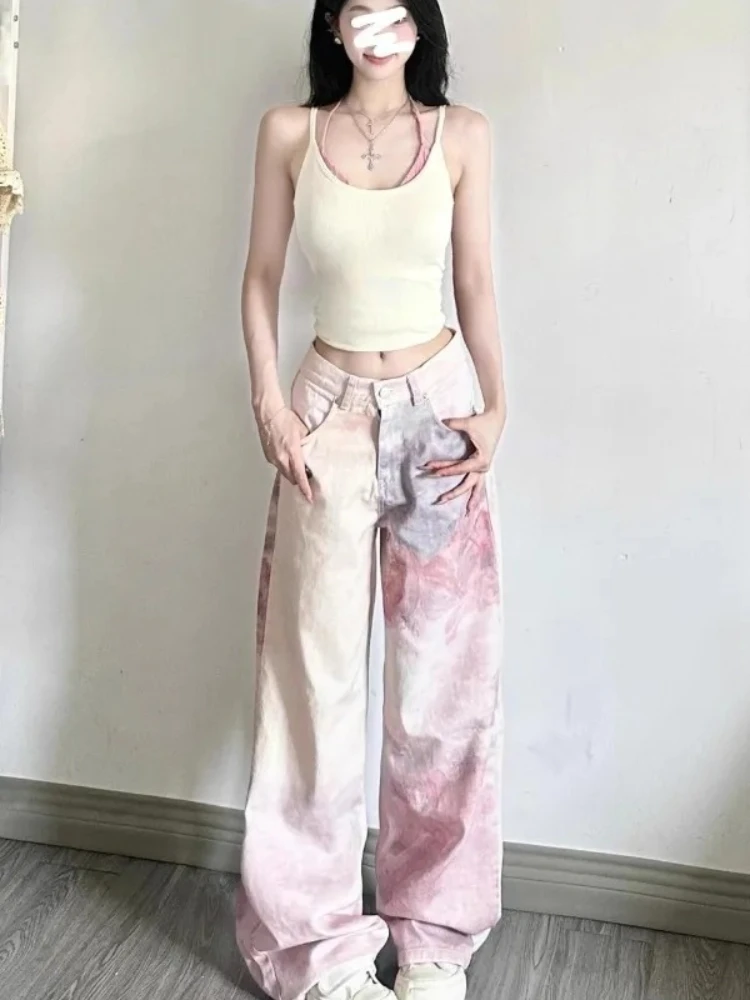 

Розовые джинсы в американском стиле, женские осенние новые утягивающие повседневные прямые брюки с высокой талией и широкими штанинами в пол