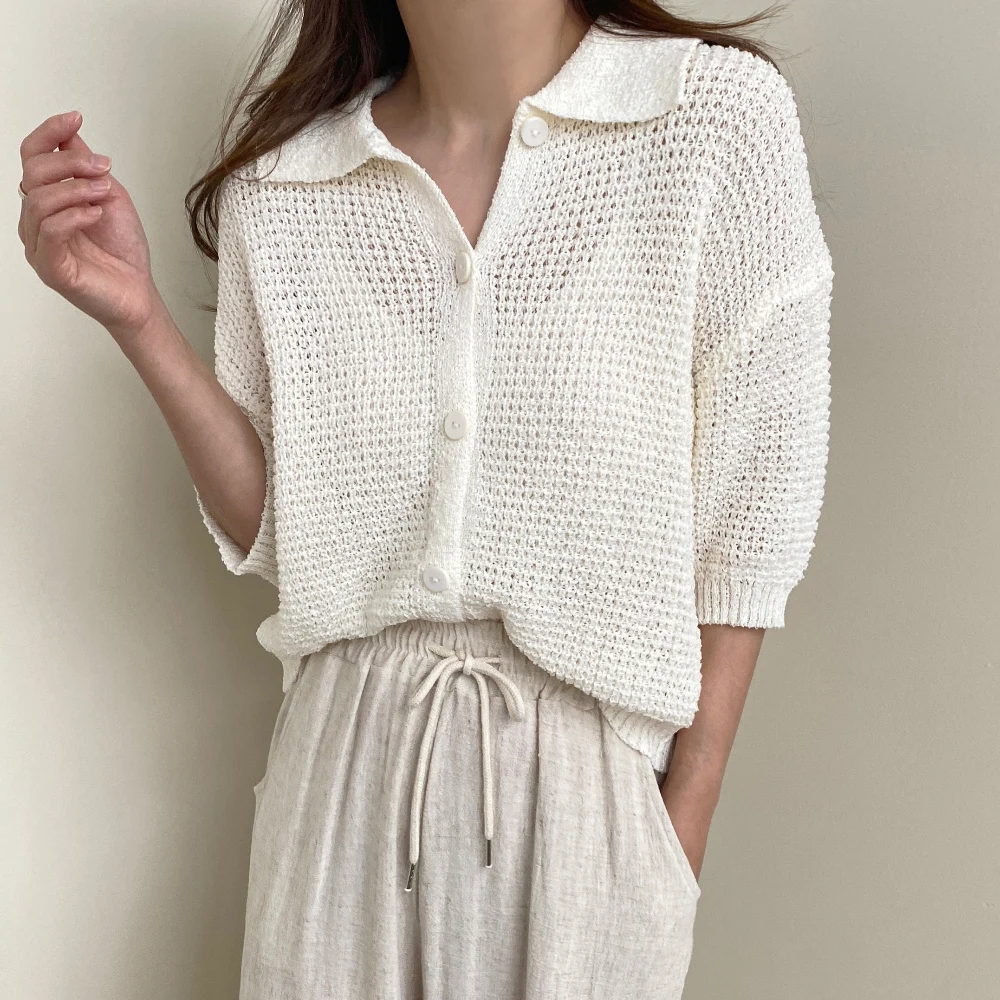 

Новинка лета 202, корейский свободный цвет, вязаный открытый кардиган с микропрозрачным воротником, ленивый модный, ort S...