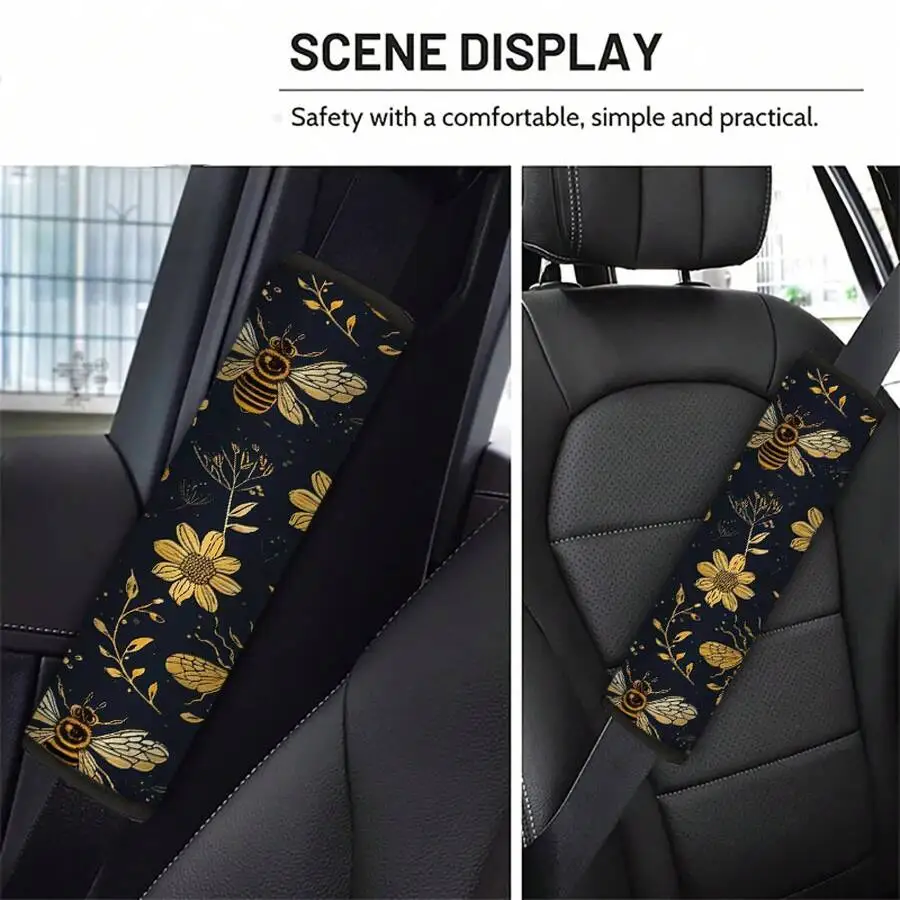 1pc/2pcs Black And Gold Bee Floral Pattern Car Seatbelt Shoulder Pad, Universal Multifunctional Seatbelt Protector, Suitable