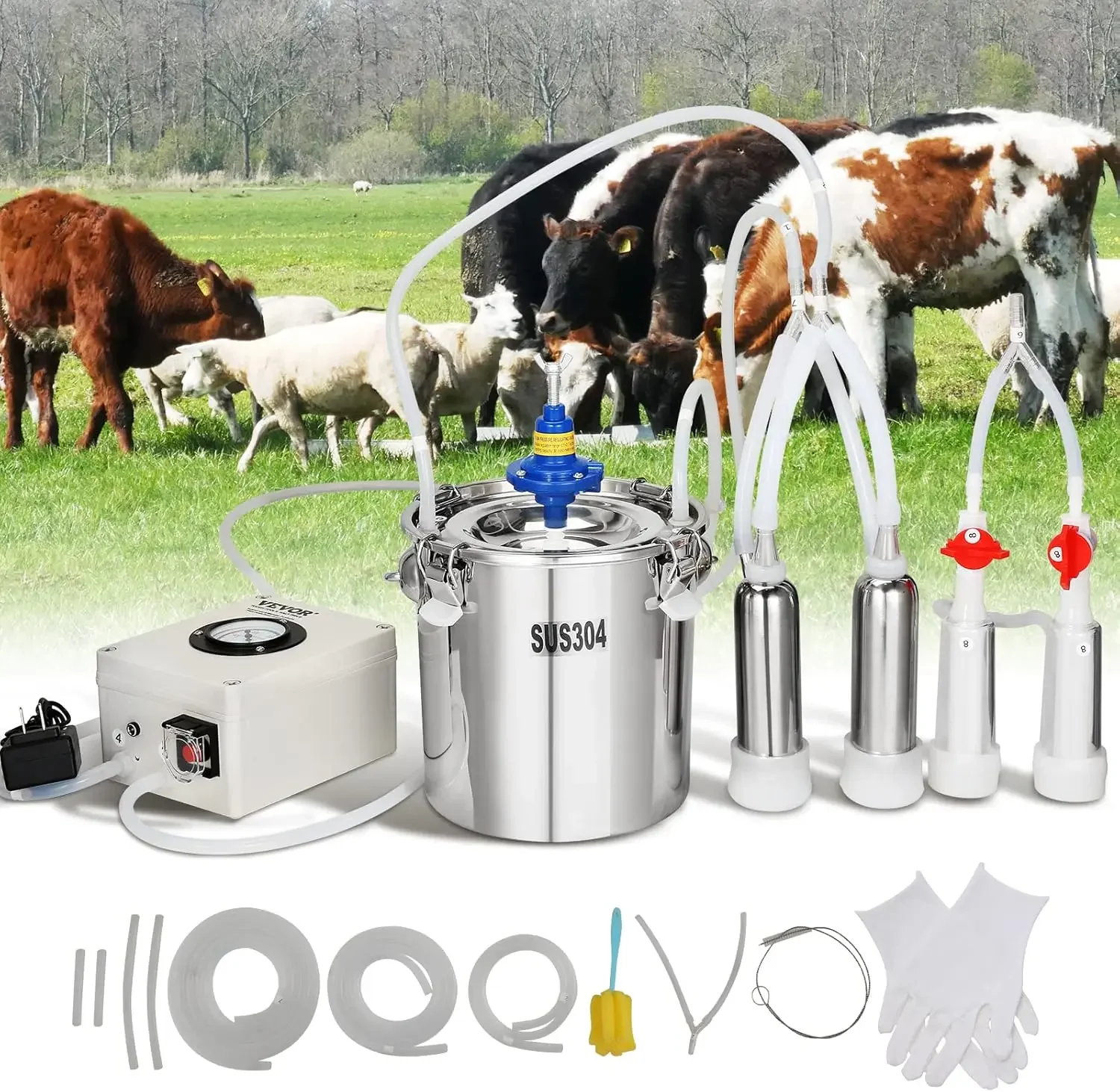 Goat Milking Machine, 6 L 304 Stainless Steel Bucket, Electric Automatic Pulsation Vacuum Milker, Portable Milker