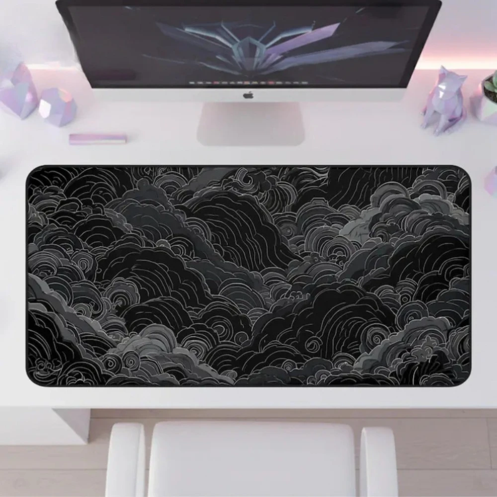 Dark Swirling Clouds Desktop Mat Black Aesthetic Gaming Mouse Pad | Black Japanese Cloud Desktop Mat | Large Modern Office Decor