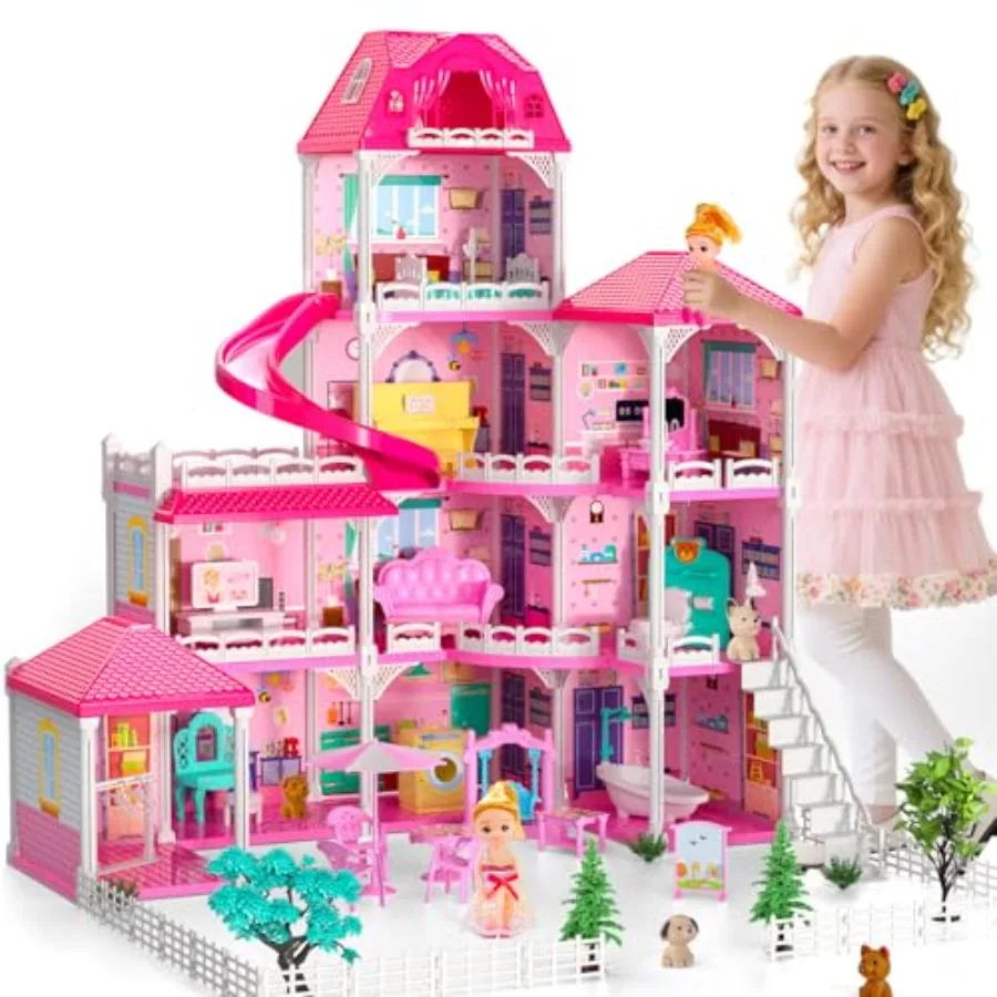 

DIY Dolls House for Girls - 4-Level 10-Room Villa in Pastel Colors with 2 Dolls 4 Dogs Rich Accessories Ideal for 4-8 Years Old