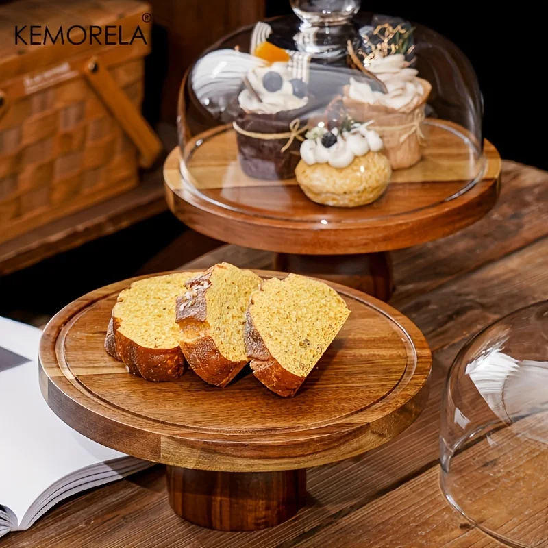 Acacia Wood Cake Tray High Foot Cake Display Tray 1PCS Bread Plate With Cover Transparent Glass Cover And Without Lid Cake Stand