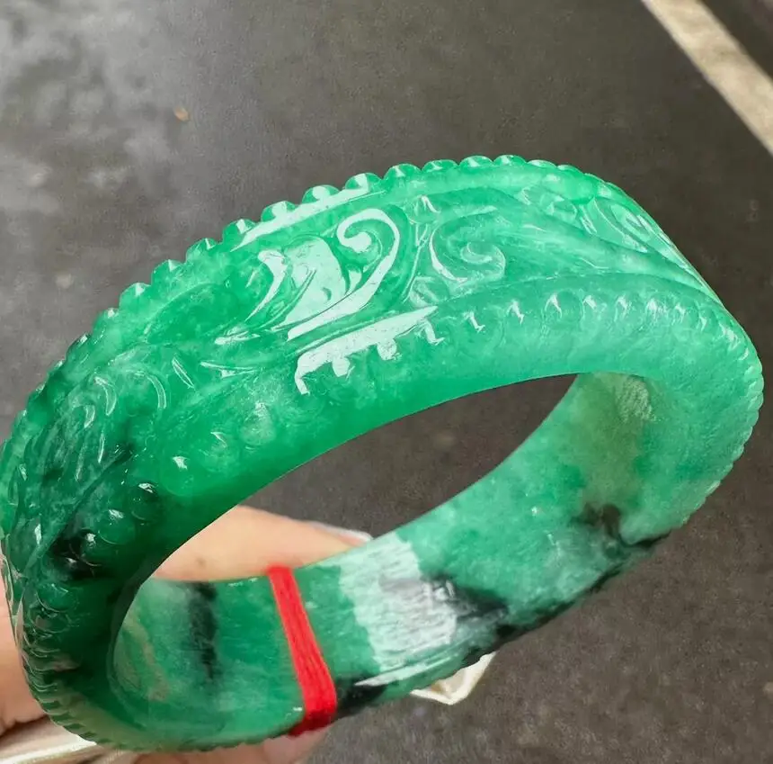 Round Rod Grade AAA Hand carving Green Burma Jade jadeite bracelet bangle 61mm