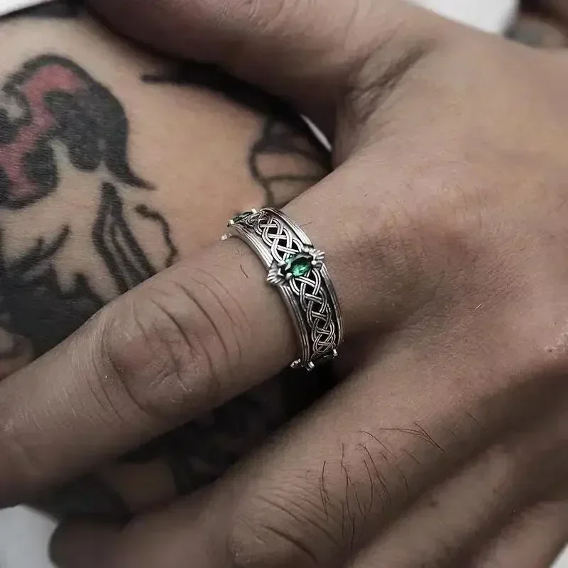 Fashion Green Gemstone Irish Celtic Knot Open Adjustable Ring Vintage Lucky Jewelry for Men Women