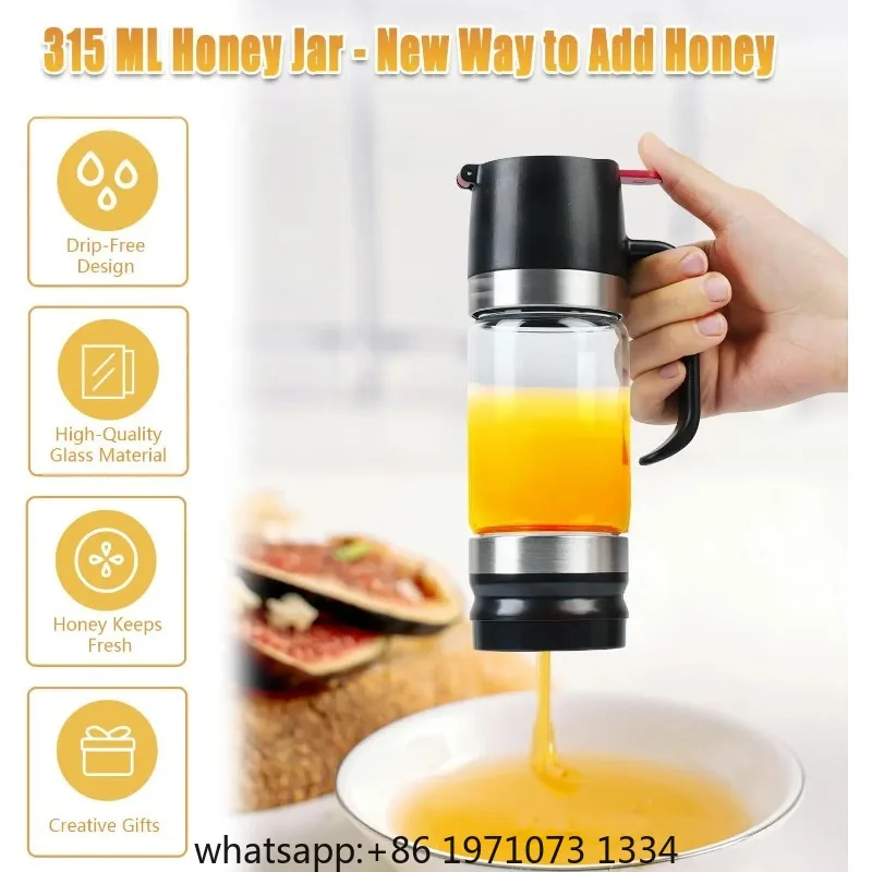 No-Drip Honey Dispenser with Base, Glass Honey Jar Pot with Handle, Syrup Dispenser for Coffee or Tea, Mess-Free Honey Container