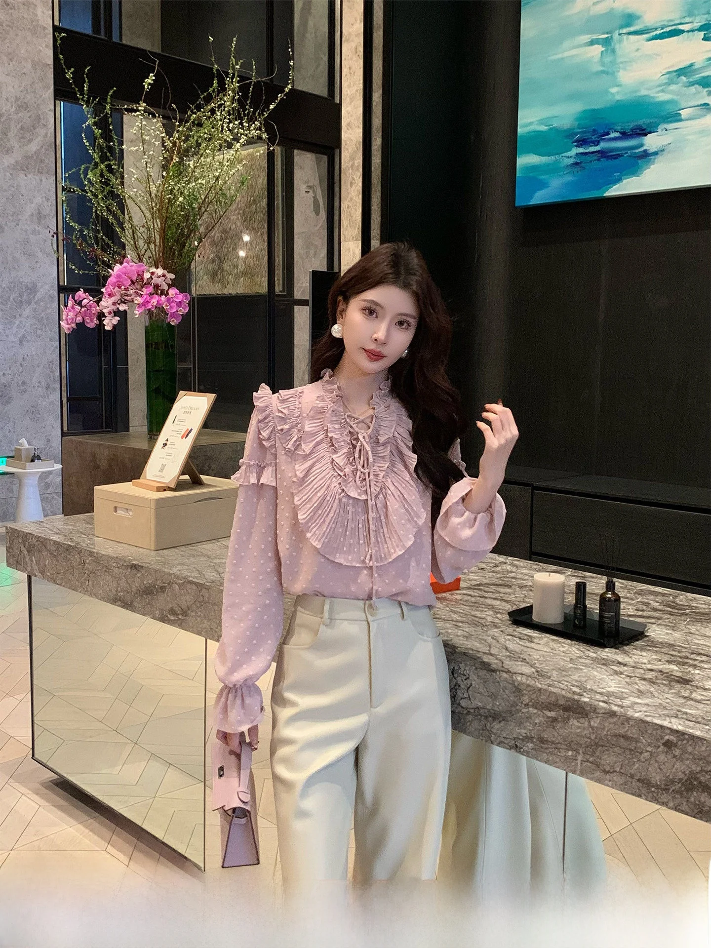 

Новая женская шифоновая блузка Kun Total Pink с V-образным вырезом, весенняя, высококачественная, элегантная, приталенная, повседневная, с длинным рукавом