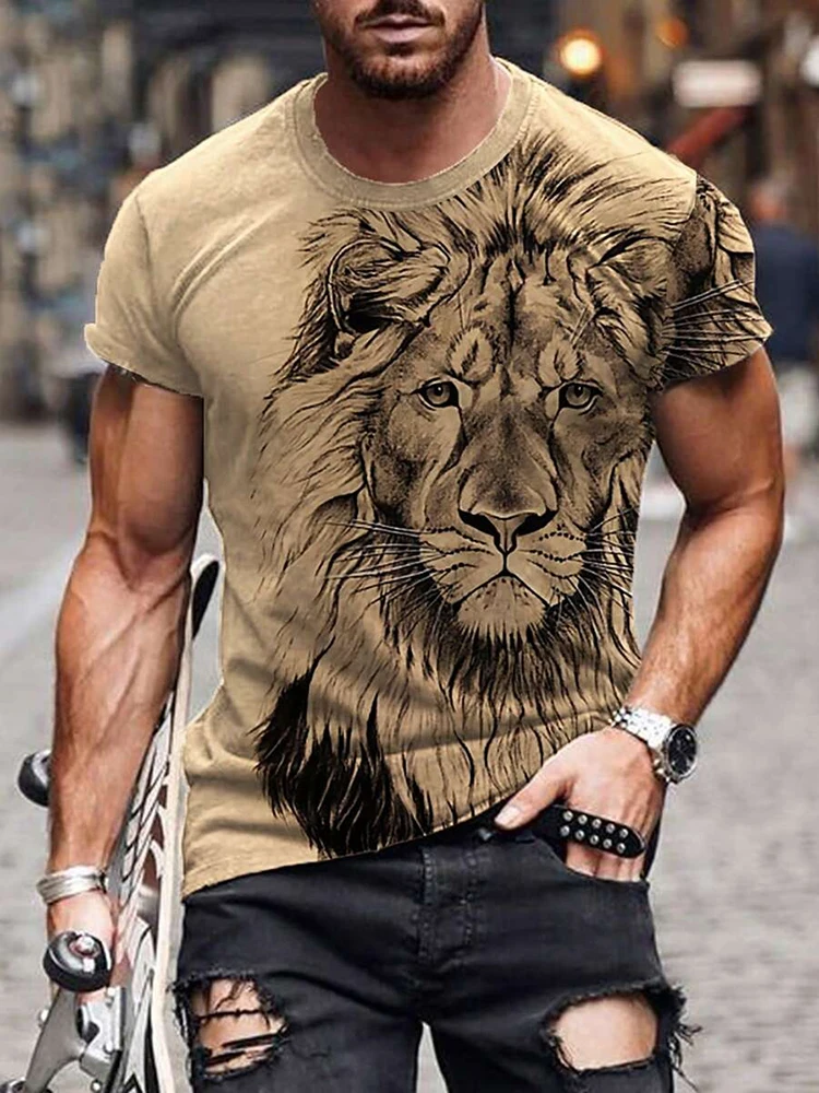 Lion Print Men\'s T-shirt Summer Street Fashion Men\'s T-shirt Daily Casual Men\'s Short-sleeved Top Outdoor Sports Comfort T-shirt