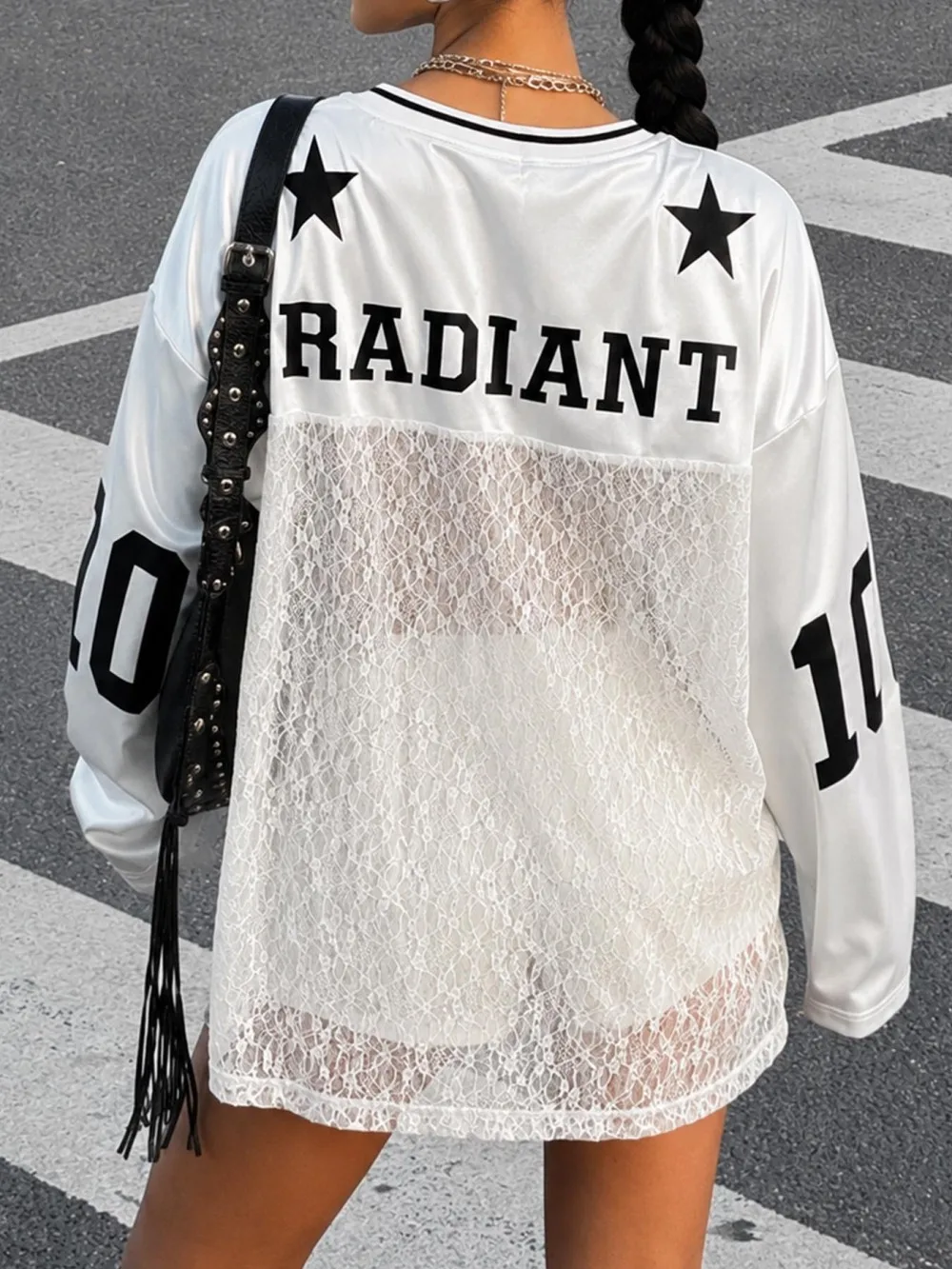 2026 new summer lace patchwork jersey loose long sleeved top V-neck digital letter print concert nightclub street trend niche