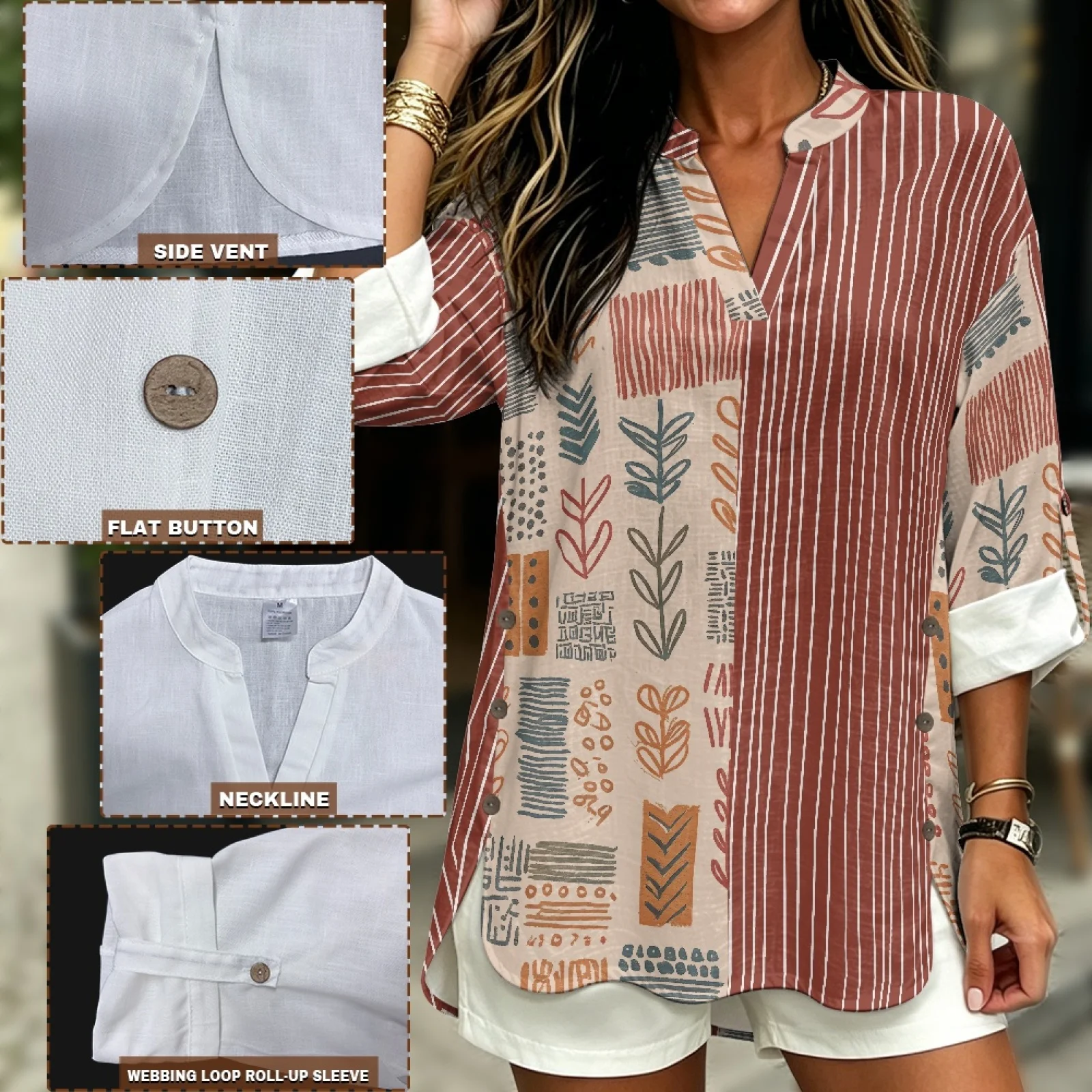 INSTANTARTS Women'S Linen V-Neck Shirt Breathable Long-Sleeved Top Blouse Roll-Up Cuff Lightweight Comfortable Soft Rtero Flower view 5