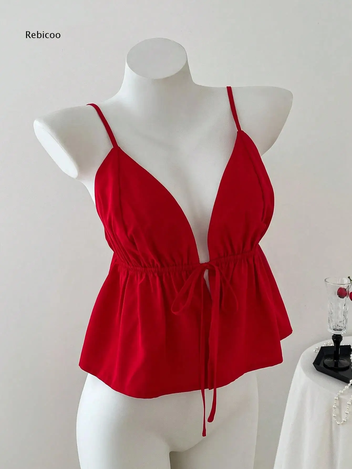 Women Spaghetti Strap Deep V Cami Top Front Tie Gathered Waist Flared Hem Sleeveless Blouse For Summer Daily Wear