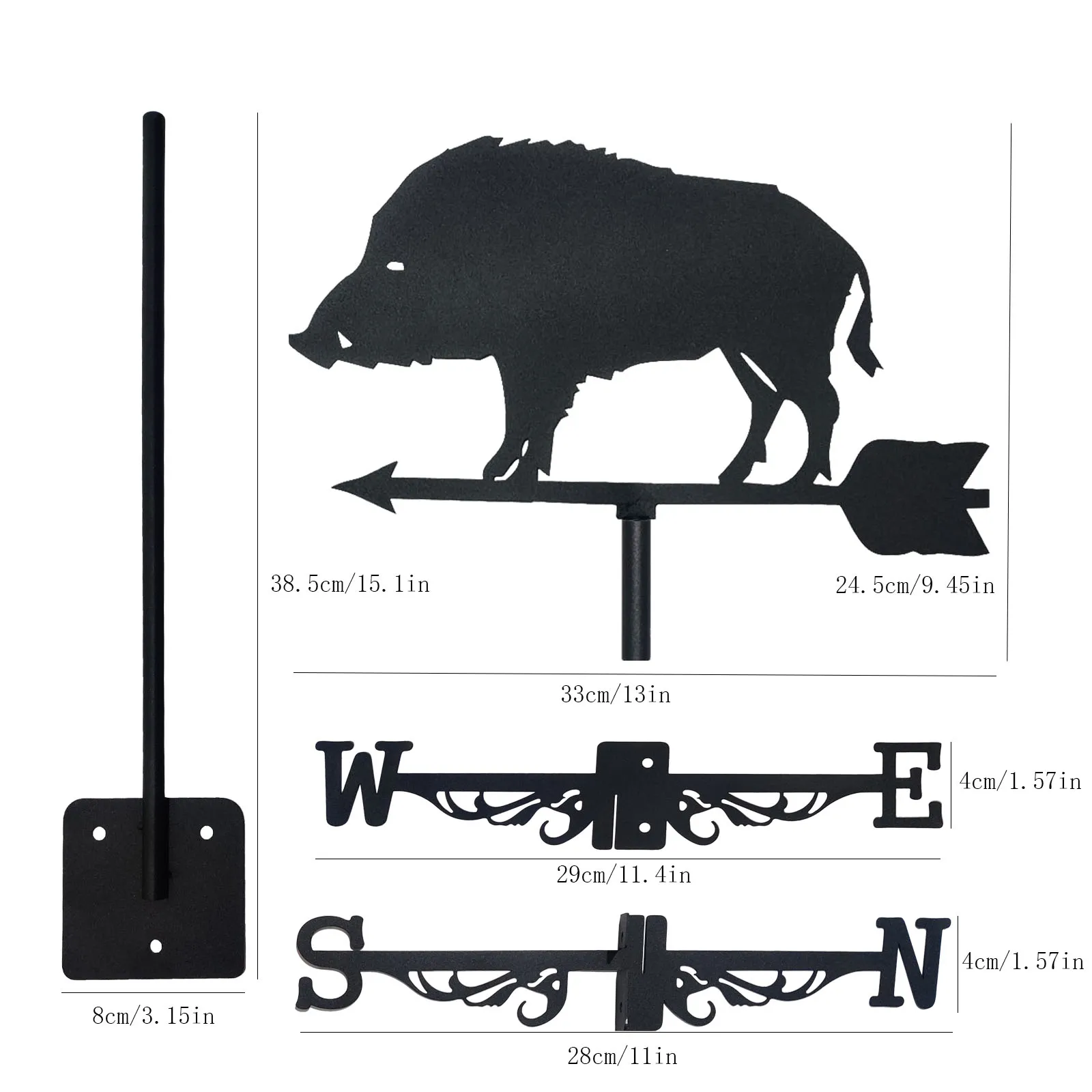 Boar Weathervane Silhouette Art Black Metal Wild Animal Wind Vanes Outdoors Decorations Garden For Roof Yard Building