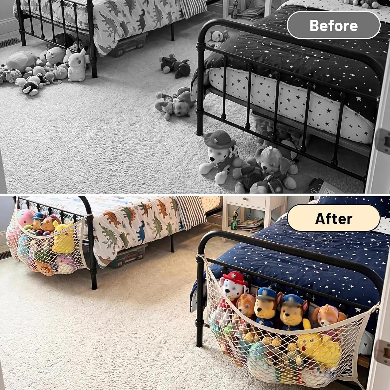 Stuffed Animal Storage Net for Kids, Bedside Toy Organizer with Tether, Stretches up to 35 Inches, Beige view 6