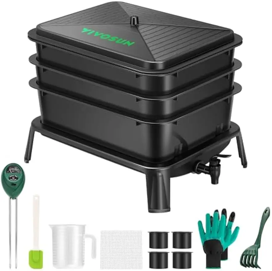 

3-Tier Worm Compost Bin, 30L Capacity, Easy Setup Kit for Food Waste Recycling