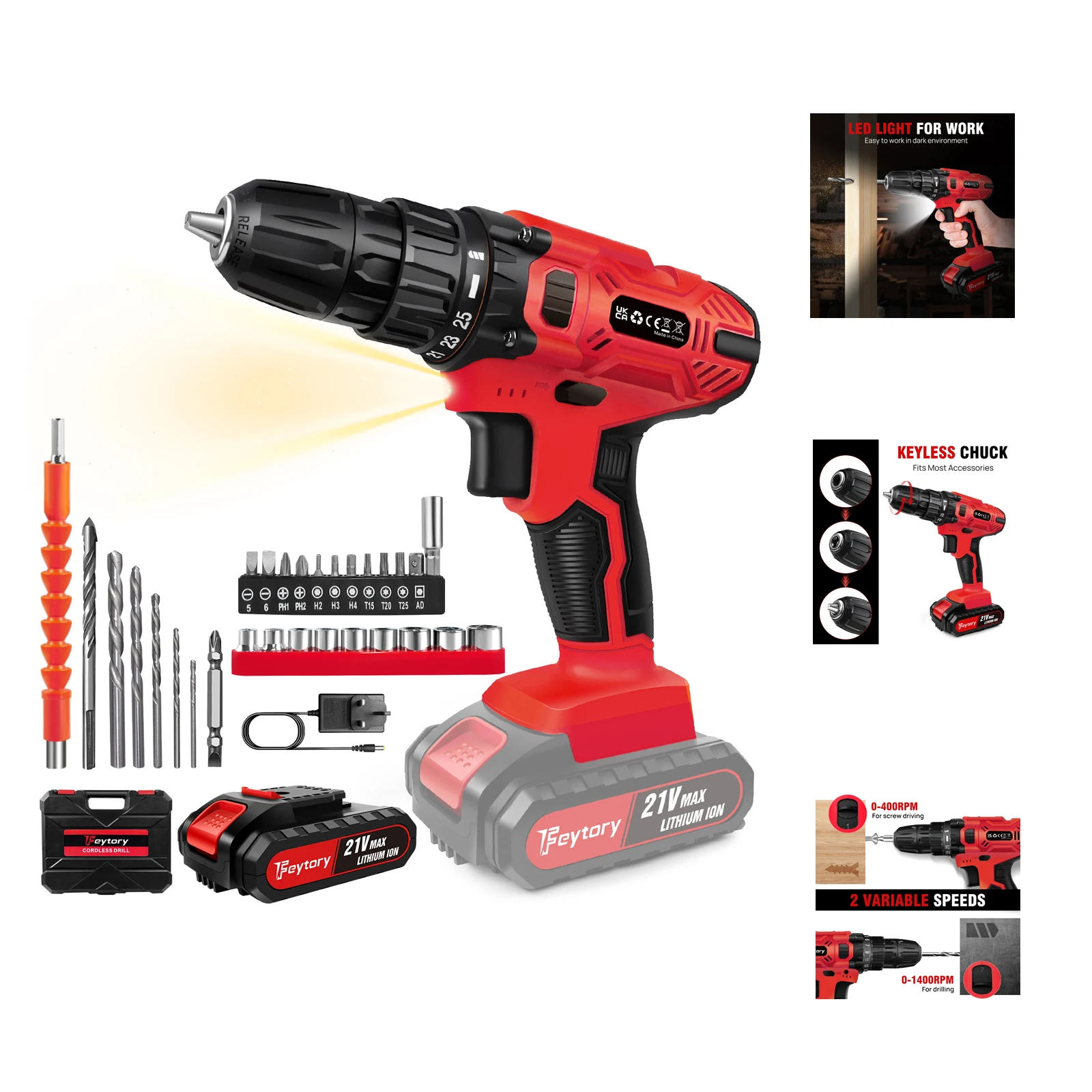 21V Cordless Power Drill,with 1500mAh Battery Electric Drill Driver 25+1 Torque 45Nm Screwdriver Kit Combi Drill 3/8