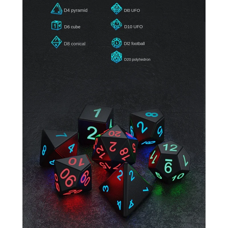 7Pcs Electronic Dice USB Rechargeable Luminous Dice Glow In The Dark DND Dices RPG Polyhedral Dice D4 D6 D8 D10 D12 D20