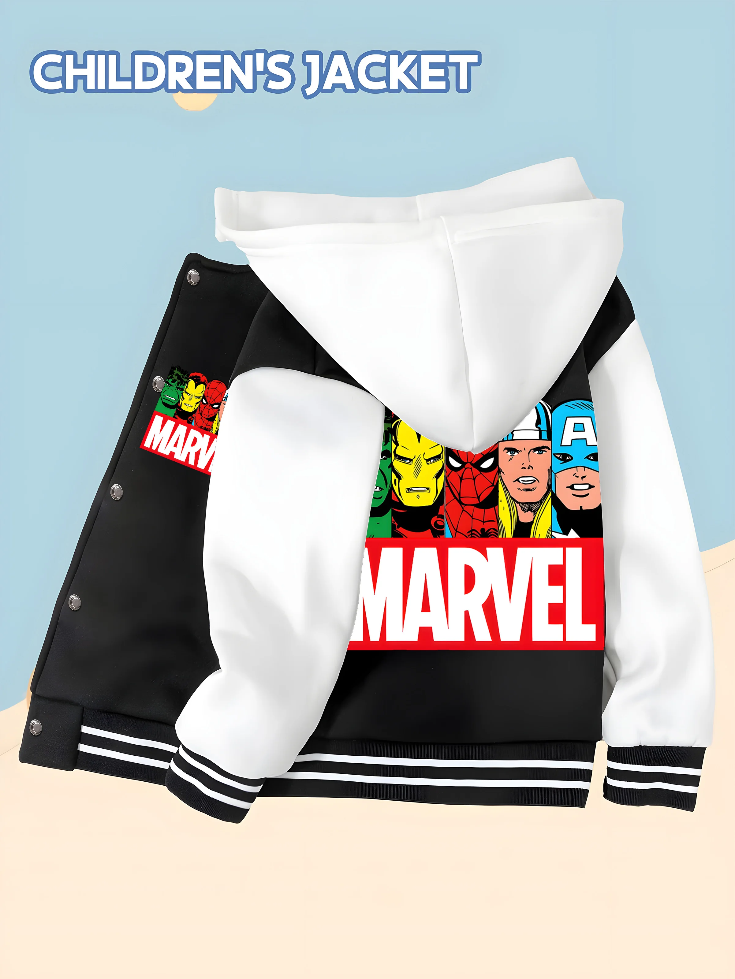 

MINISO Baseball hooded Jacket - Double-sided Avengers Heroes pattern design, soft and comfortable fabric, fashionable and warm