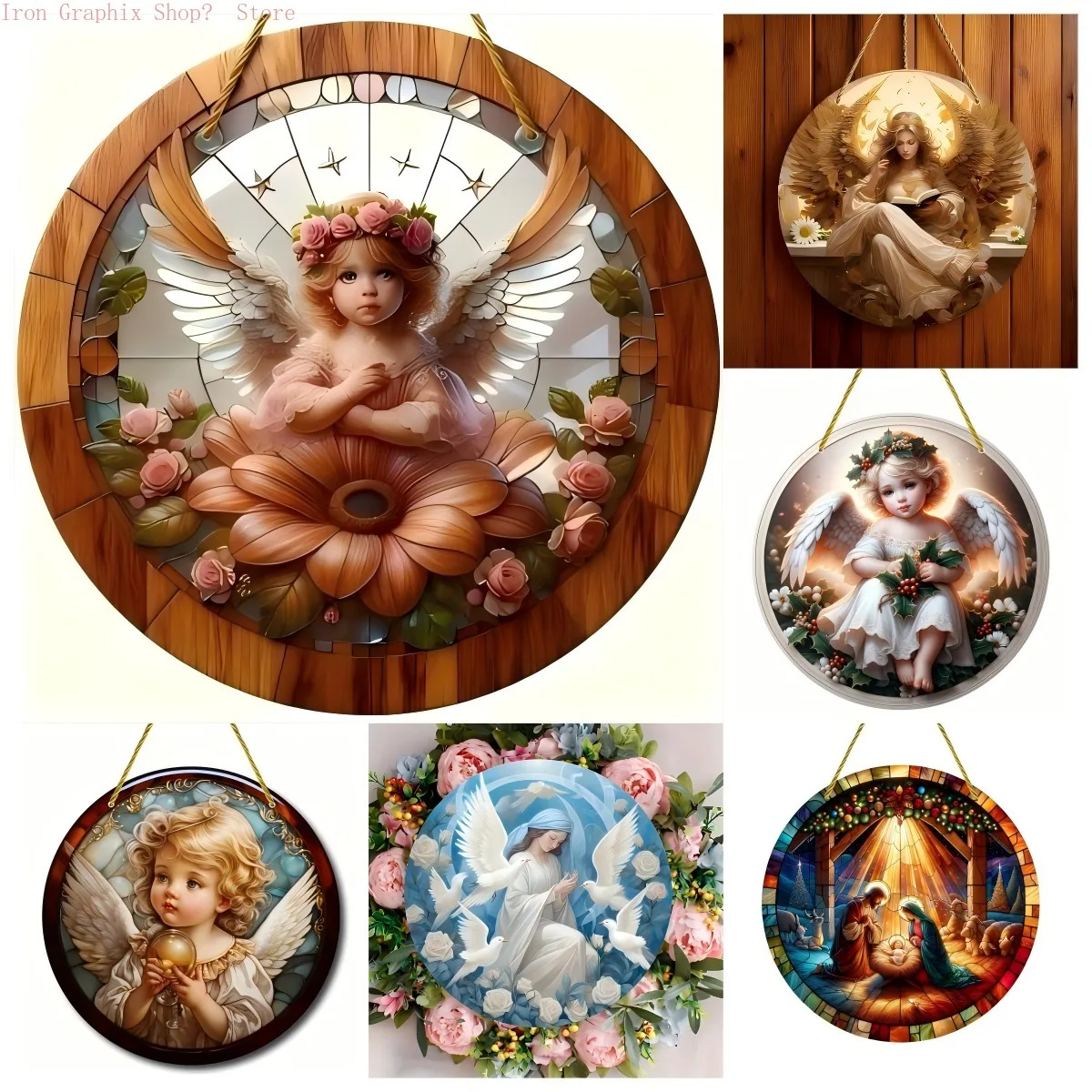 Hölzerner Engel-Sonnenfänger-Stil, rundes Wandschild für Babyzimmer, verträumtes Kinderzimmer-Dekor, Holzdruck, Schlafzimmer-Brennpunktkunst