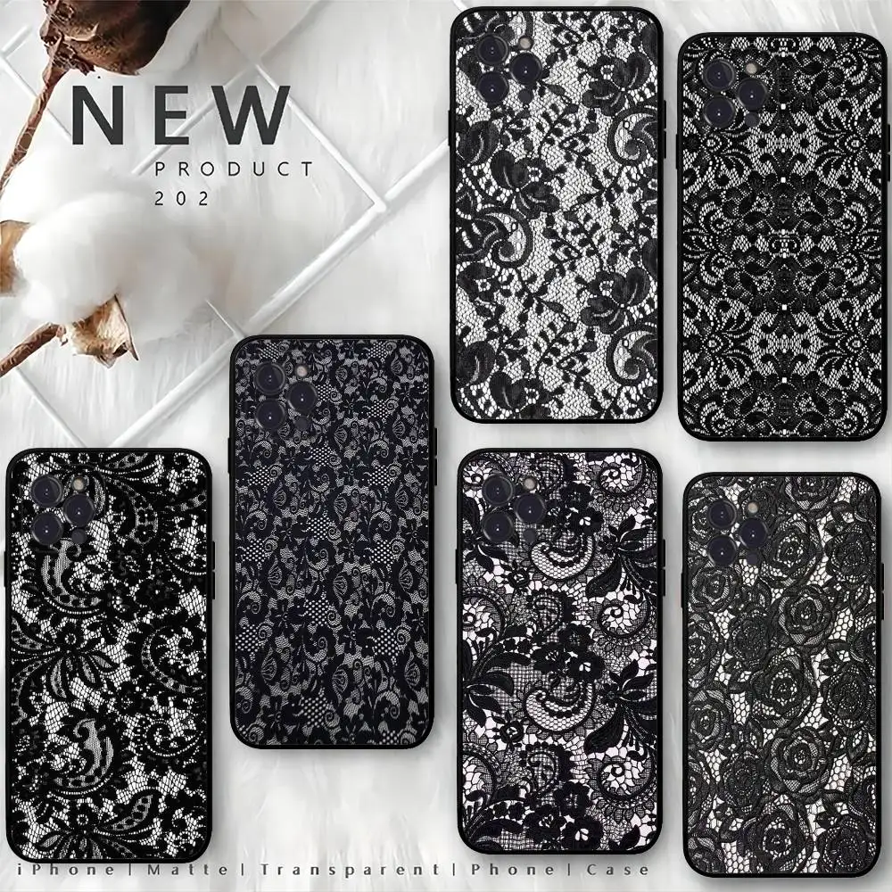 Schwarze Handyhülle mit Spitzenmuster für iPhone 17 16 15 16e 14 13 12 11 Pro Max Plus Schutzhülle Coque