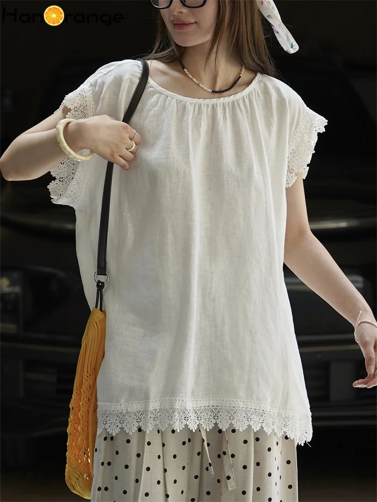 

HanOrange 2025 Summer Relaxation O-Neck 100% Hemp Lace Tank Women Dry Cool Loose Silhouette Top White/Pink