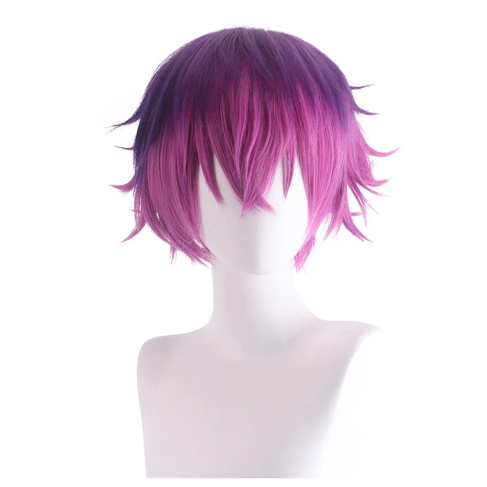 RANYU Short Men Women Straight Wigs Ombre Gradient Purple Black Brown Flaxen Anime Cosplay Hair Wig For Daily Party