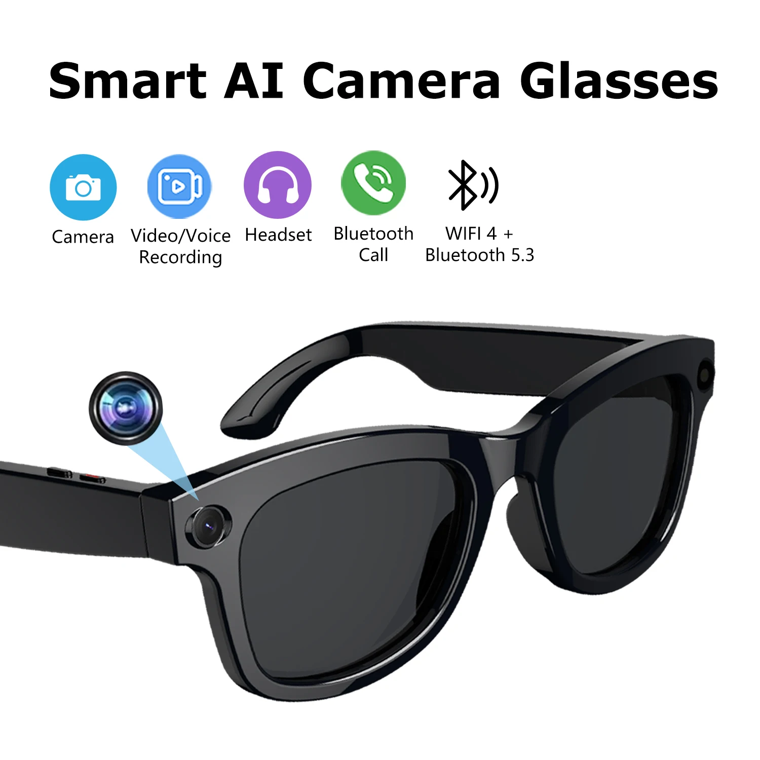 

AI Smart Glasses Built-in HD Camera Anti-UV Sunglasses Video Recorder Shooting Glasses Bluetooth Call Voice Assistant Camcorder