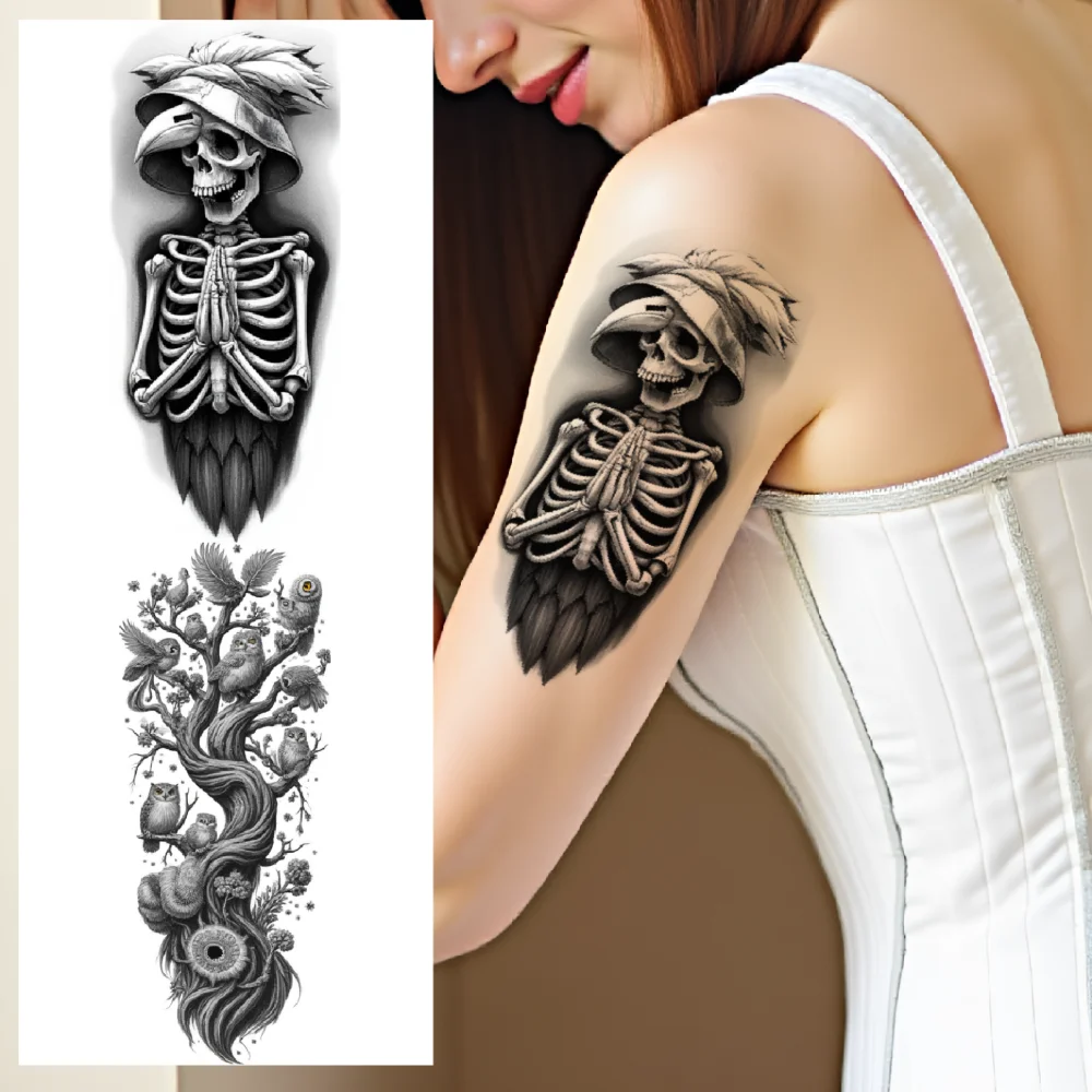 3pcs Temporary Tattoo Skeleton With Hat Black And Grey Realism Horse And Crow House In Background For Thighs Adults Women