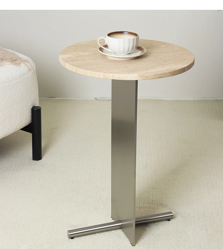 

Natural Travertine & Stainless Steel Side Table: Modern Round End Table for Living Room