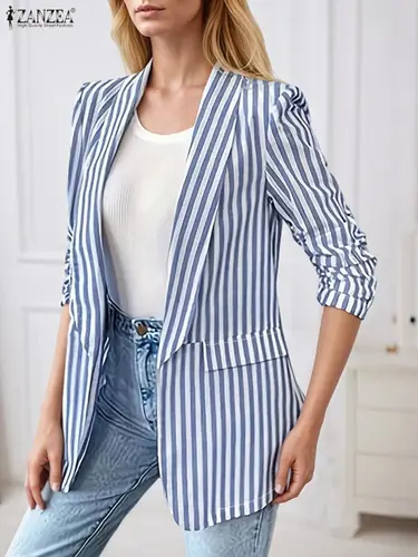 Imagen 2 del producto Chaquetas Blazer para mujer 2025 ZANZA otoño elegante solapa cuello manga larga Blazer abrigos chaquetas finas elegante raya OL prendas de vestir de trabajo
