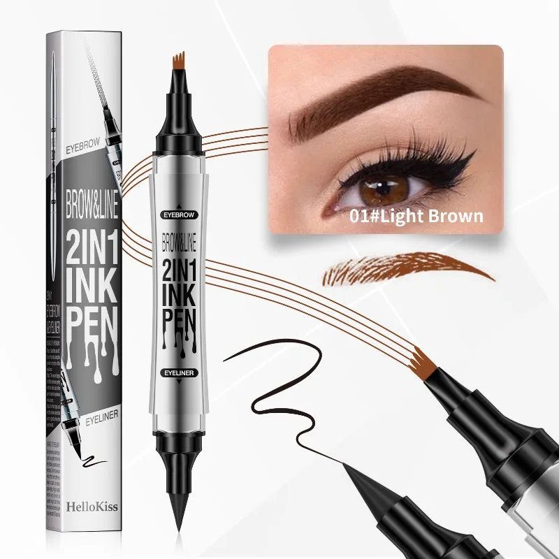 2-in-1 4-Prong Eyebrow Pencil & Eyeliner Pen - Quick-Dry Waterproof, Smudge-Proof Brow & Eye Makeup Tool 2 Color Tube Choose