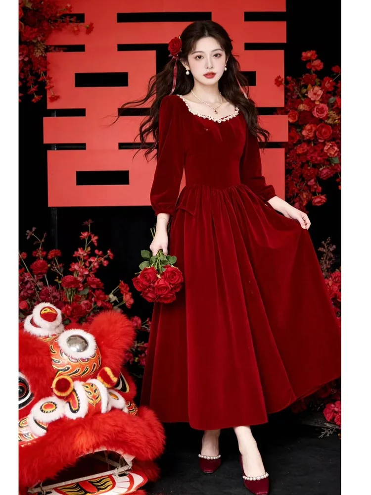 Vestido de Novia Rojo Terciopelo Corto para Mujer, Estilo Coreano, Manga Larga, Cintura Media, Largo hasta el Suelo, para Cer...