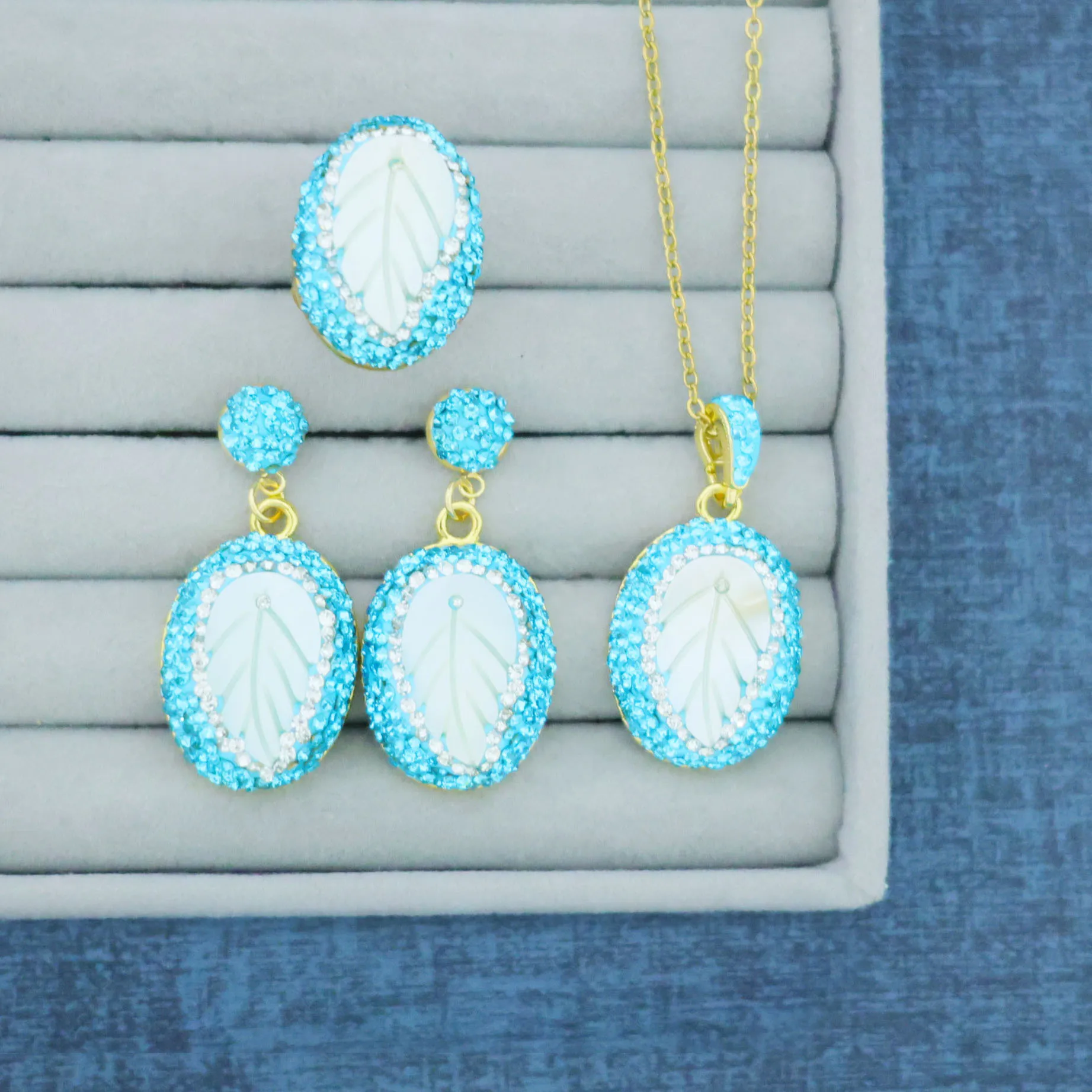 Natural shell fritillary hand-carved leaves DIY European and American personality fashion earrings necklace ring set