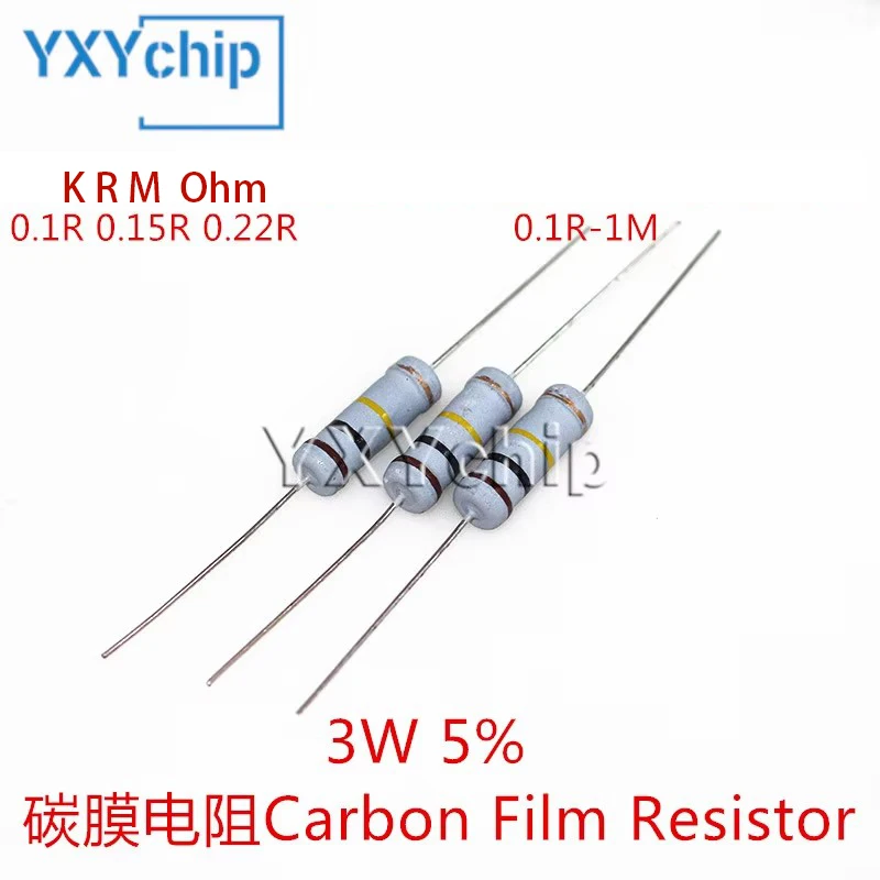 10pcs 3W Carbon Film 0.1 0.12 0.15 0.18 0.22 0.25 0.27 0.33 0.39 Ohm R Metal oxide film Resistor 5% 100K 510K 820K 6.8M 0.1R-10M