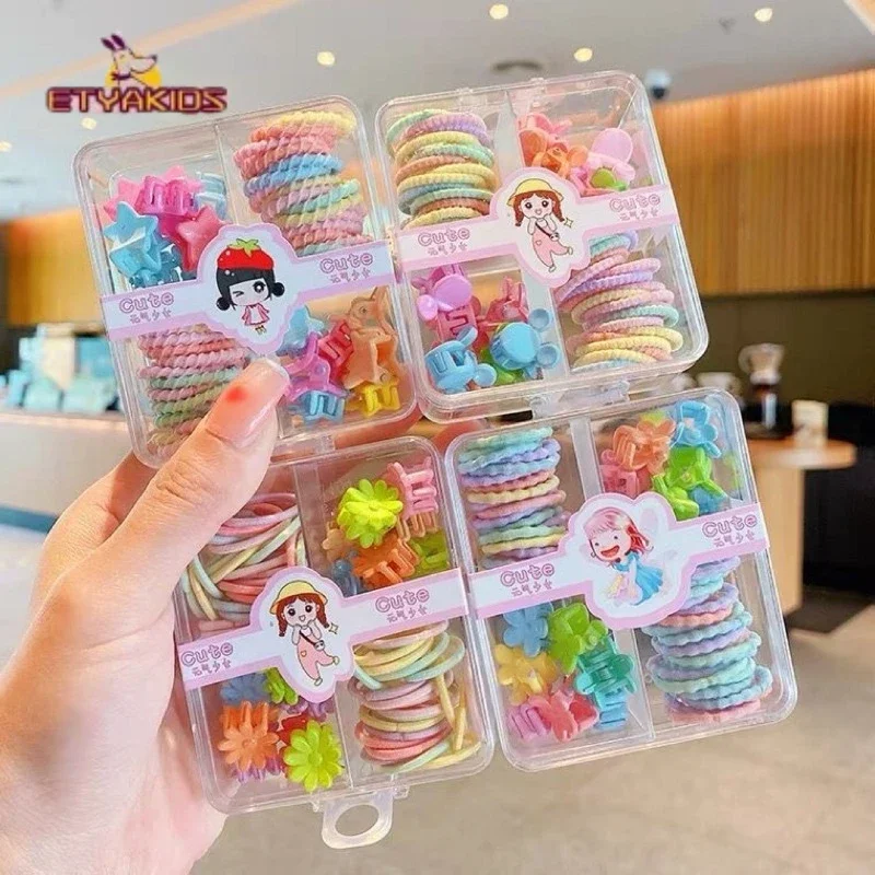 

Mini 40pcs Elastic Hair Ties and 14 Hair Clips New Fashion Baby Girls Cute Kawaii Hair Accessories Box New Year Gifts