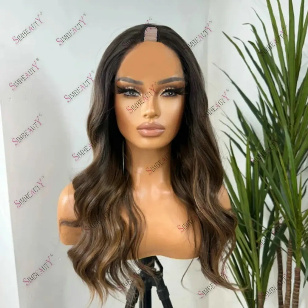 Ombre LIght Brown Loose Wave Human Hair V Part Wigs Adjustable Full Machine Made Glueless 1*4 U Part Wig Human Hair for Women