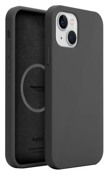 Liquid silicone iPhone 13 case with MagSafe support, soft-touch matte black finish, microfiber interior lining, shock-absorbing
