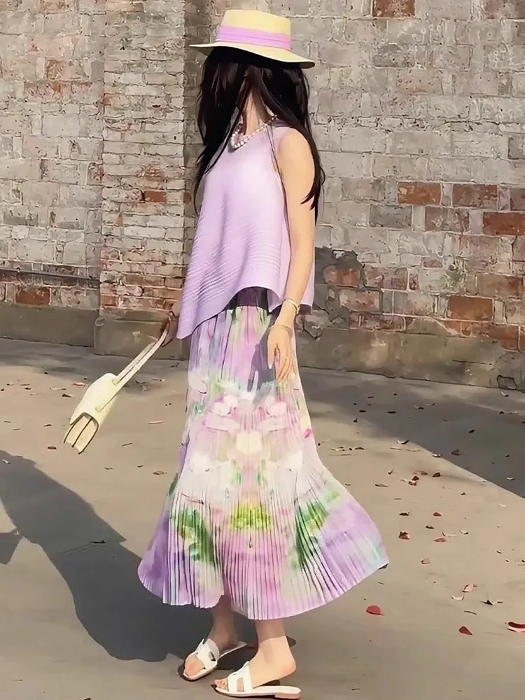 

Летний комплект с цветочным принтом: асимметричный топ без рукавов и плиссированная юбка, женский модный костюм из дышащего полиэстера