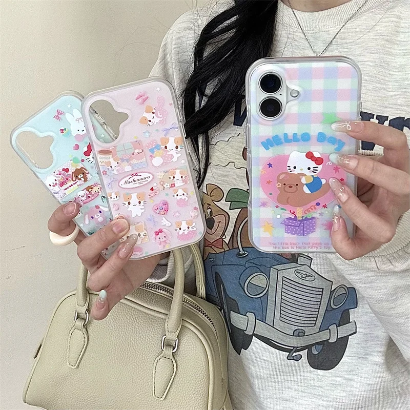 

Colorful Plaid Pattern Hellokitty Cat Rabbit Phone Case For iPhone 16 Pro 14 15 Pro Max Cover Shockproof Cute Cartoon Cases