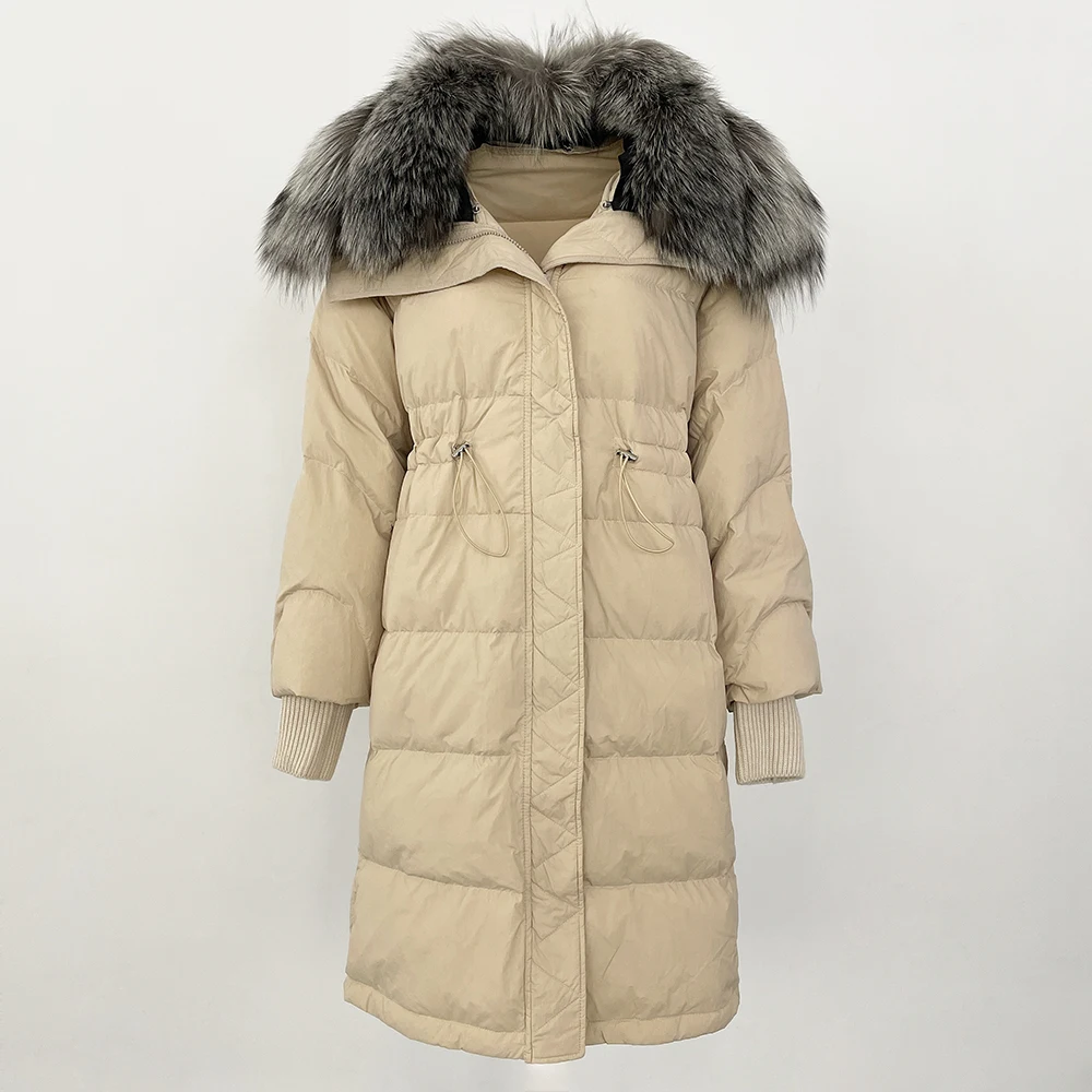 

Autumn Winter Mid-length Down Jacket Removable Natural Fox Fur Collar Women Thickened Warm Waist Down Jacket 90% White Duck Down