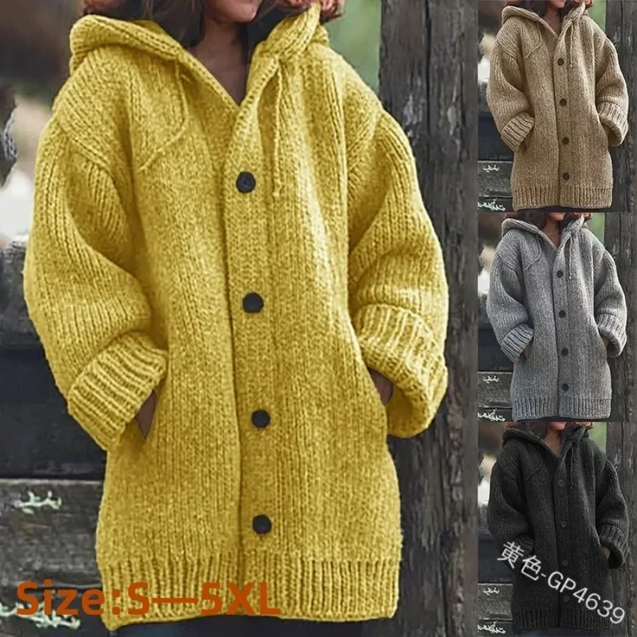 

2025 Women's Casual Single-breasted Cardigans Sweater Coat Loose Wool Knitted Coat Autumn Winter Long Cardigan Oversized Hooded