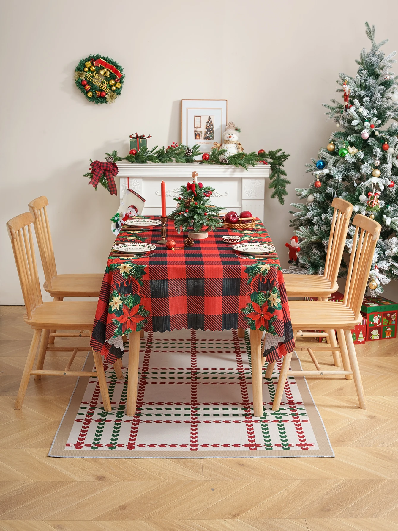 American Christmas Floral Print Tablecloth Festive Atmosphere Dining Table Living Room Kitchen Coffee Table Decorative