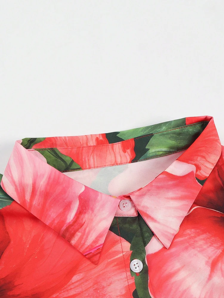 حجم كبير عادية فليب طوق التلبيب الربيع الصيف المرأة الأزهار قميص أعلى زر واحد قميص طوق عادية كل يوم