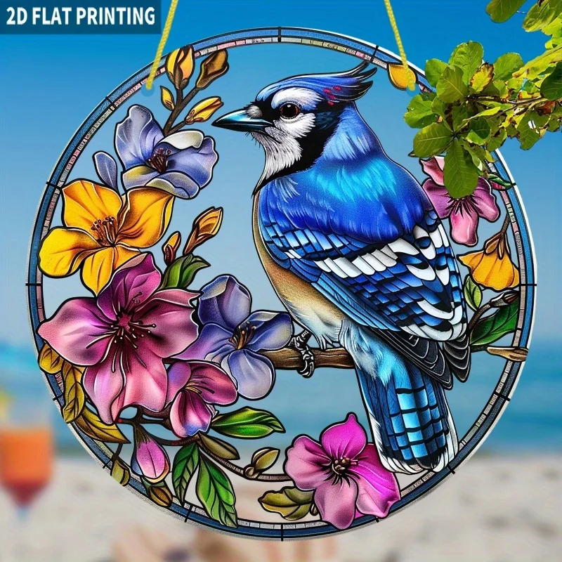 Acrylic Painting Vibrant Blue Jay Perched on Branch with Colorful Florals Stained Glass Style Round Wall Decor, 2D Flat Printing