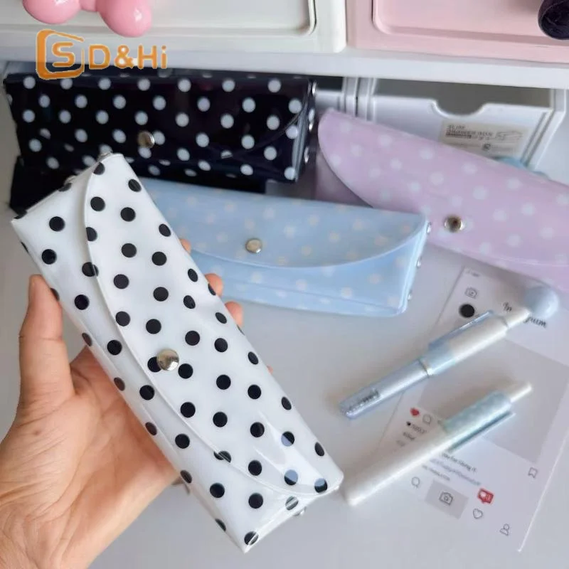PVC Pencil Case Polka Dot Design Snap-button Type Stationery Pen Pouch For Students School Office Daily Stationery Storage